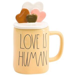 Rae Dunn New Yellow Love Is Human Figural Ceramic Mug & Hearts Lid 18oz
